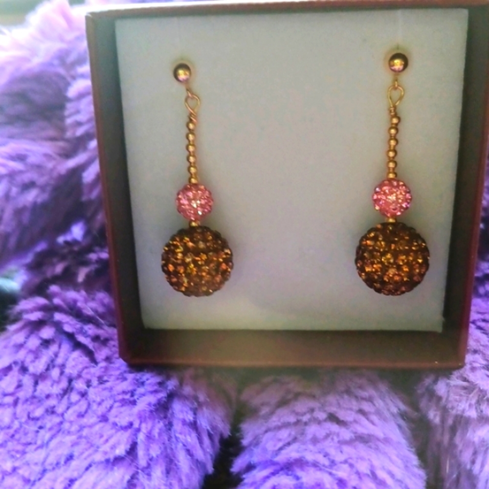 14 KT Yellow Gold Champagne Pink Crystal Pave Ball Earrings *NWOT *